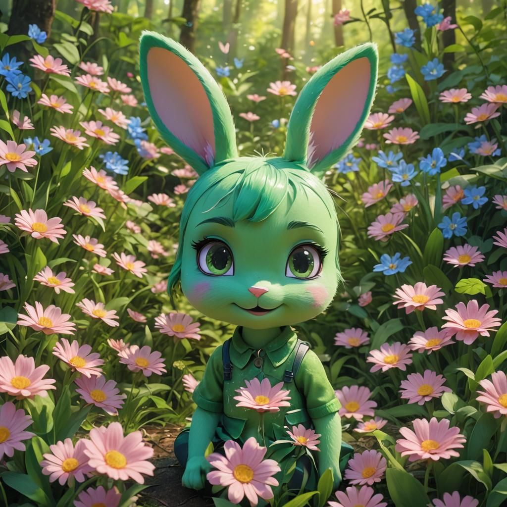 Cute Green Bunnygirl in Lush Forest: 3D Anime Art