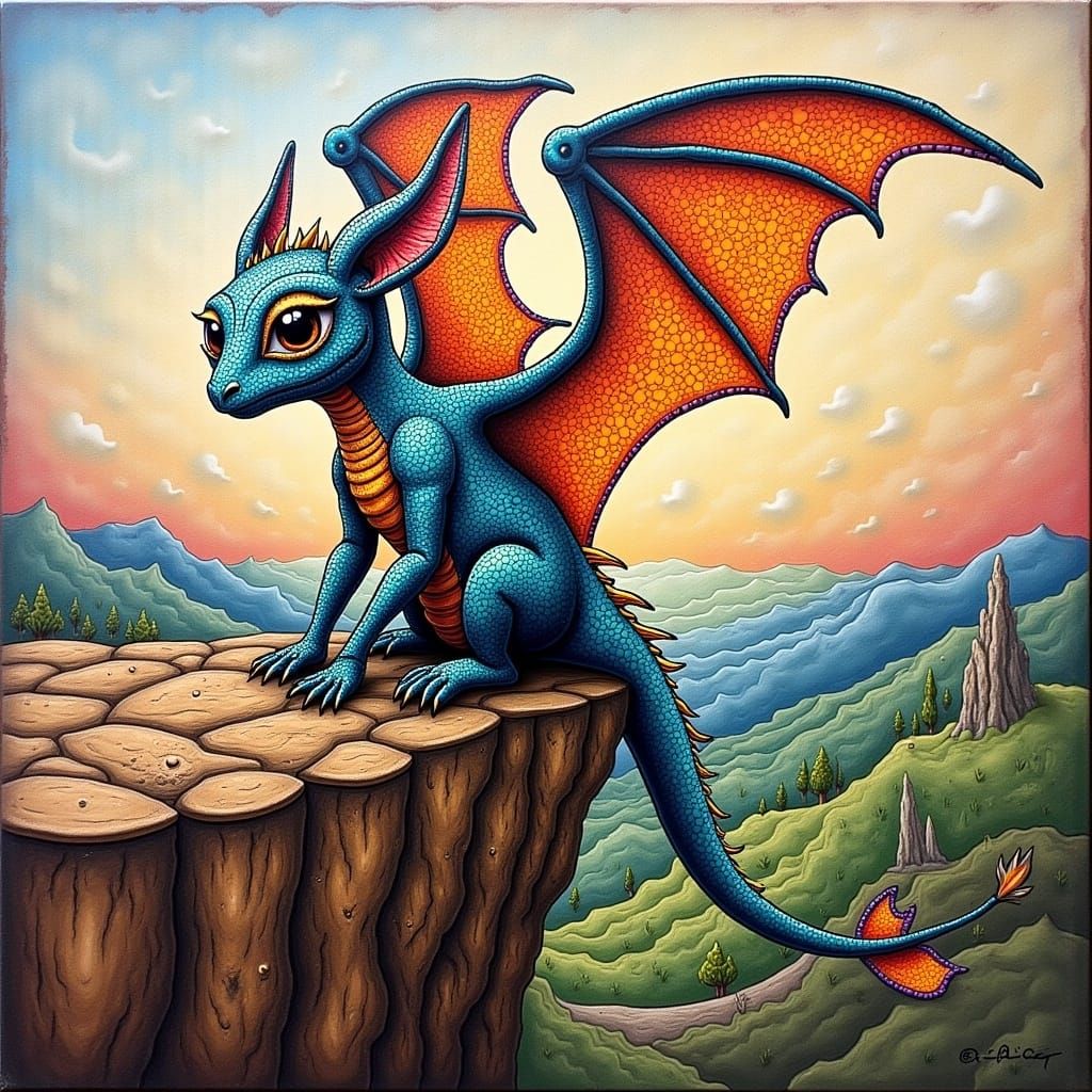 Cute Iridescent Dragon on Cliff Edge as Mixed Media Art