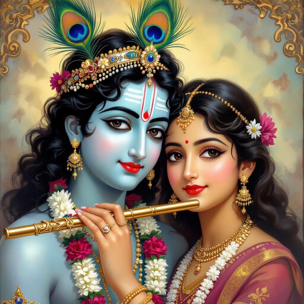 Krishna Portrait with Peacock Crown in Ravi Varma Style