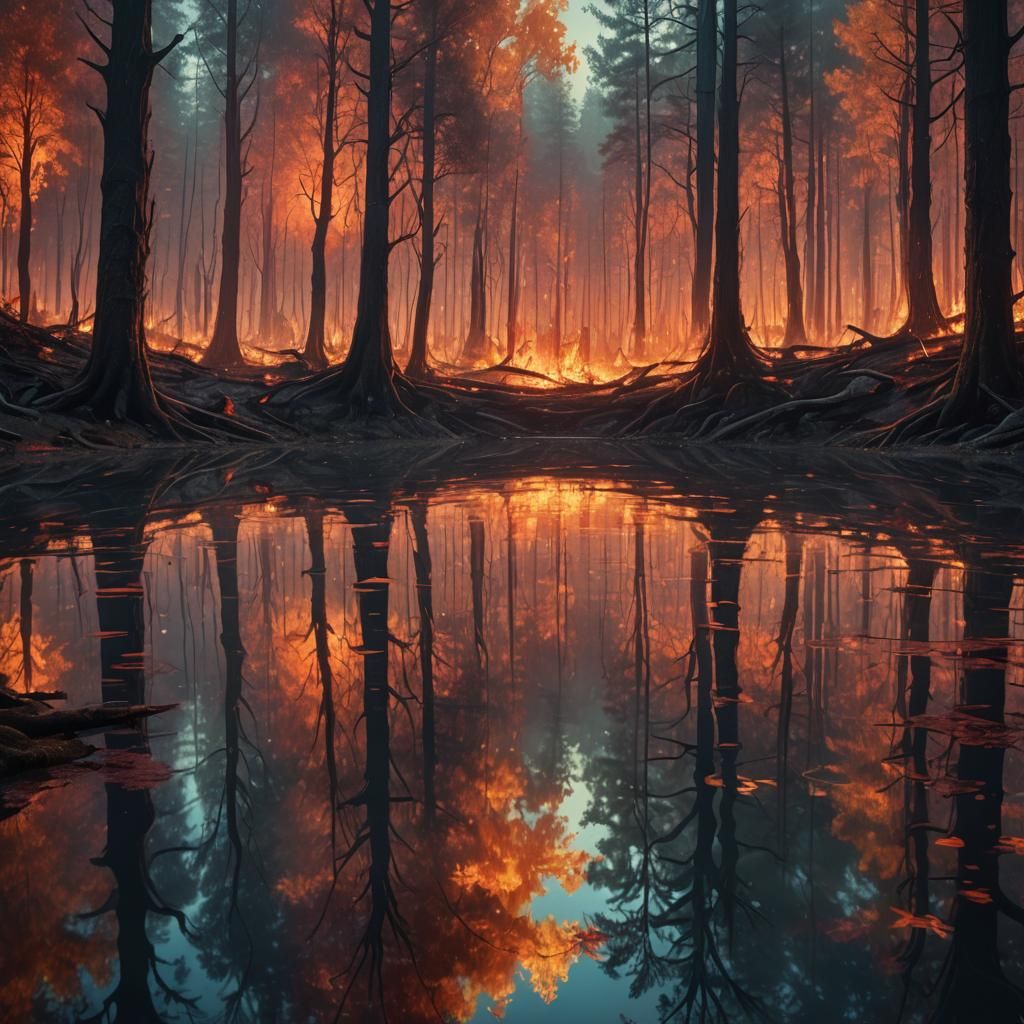 Serene Forest Reflects Fiery Inferno: Fantasy Concept Art