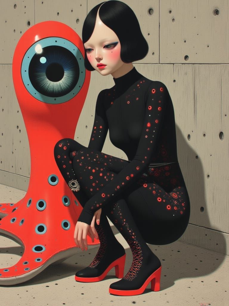 Cyberpunk Woman and Alien Starfish in Art Deco Style