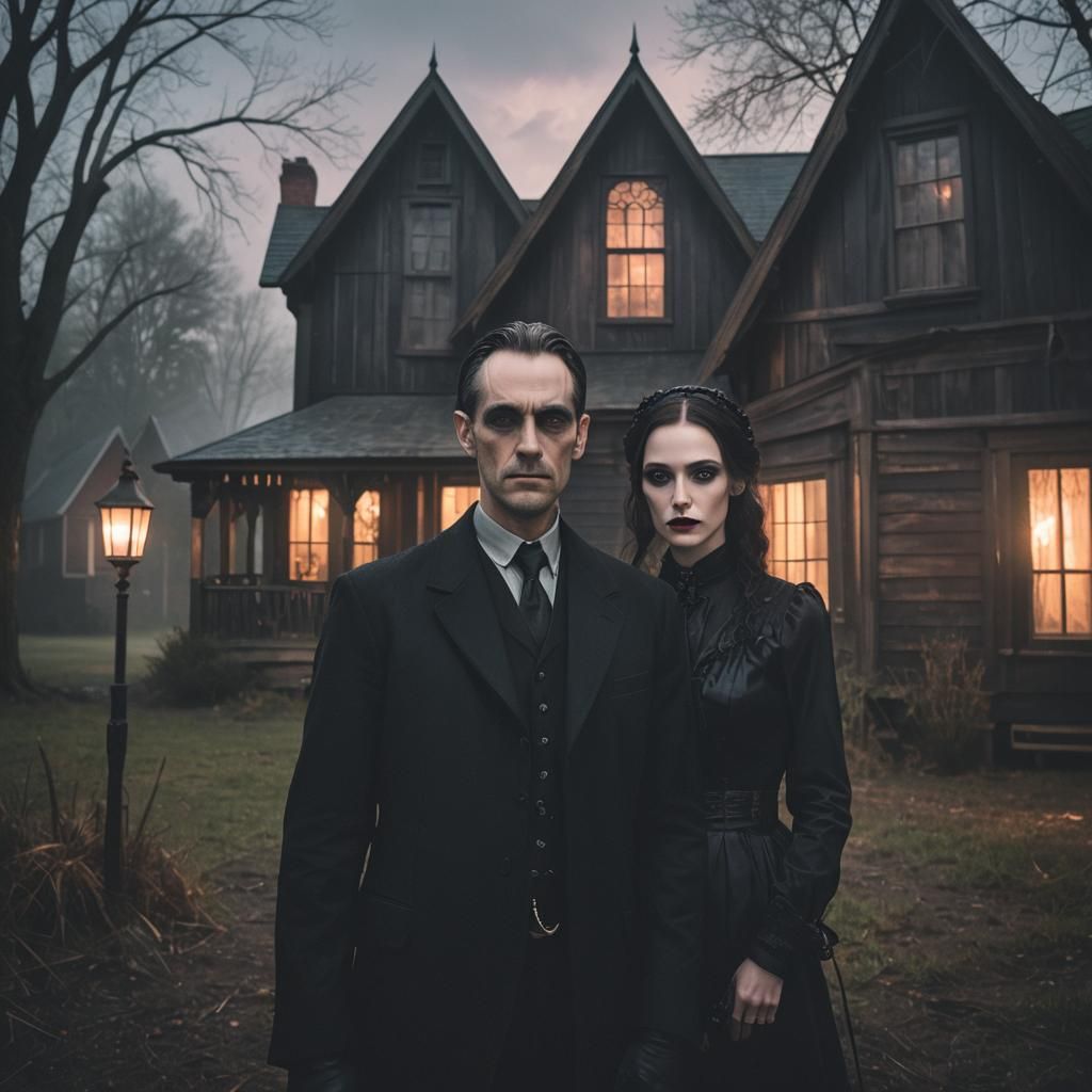 Modern Goth Couple in American Gothic Style