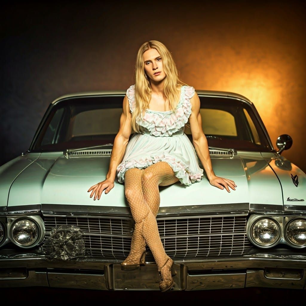 Elegant Blonde Man in Pastel Dress Sits on Vintage Car