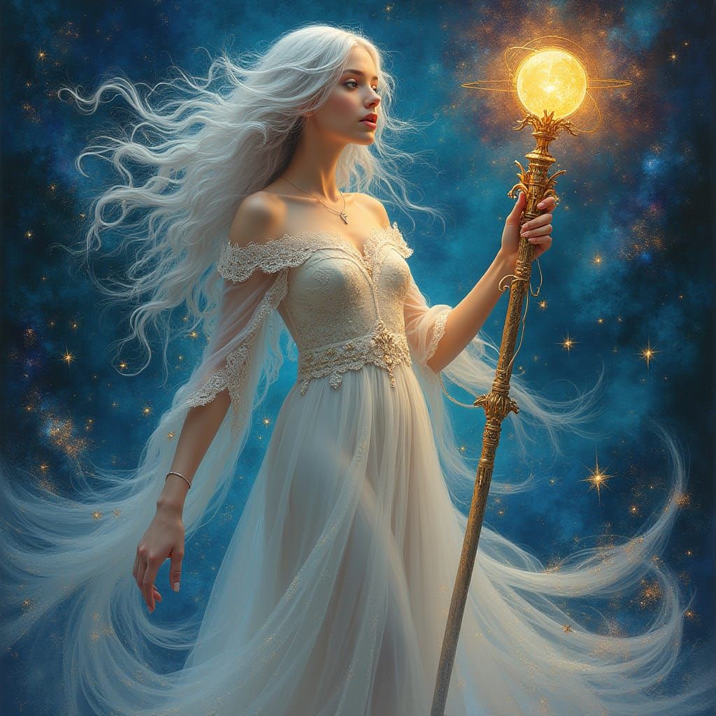 Celestial Goddess in Starlight Gown Amidst Swirling Nebula