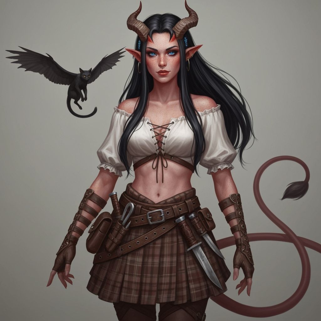 Tiefling Girl with Knives and Winged Cat