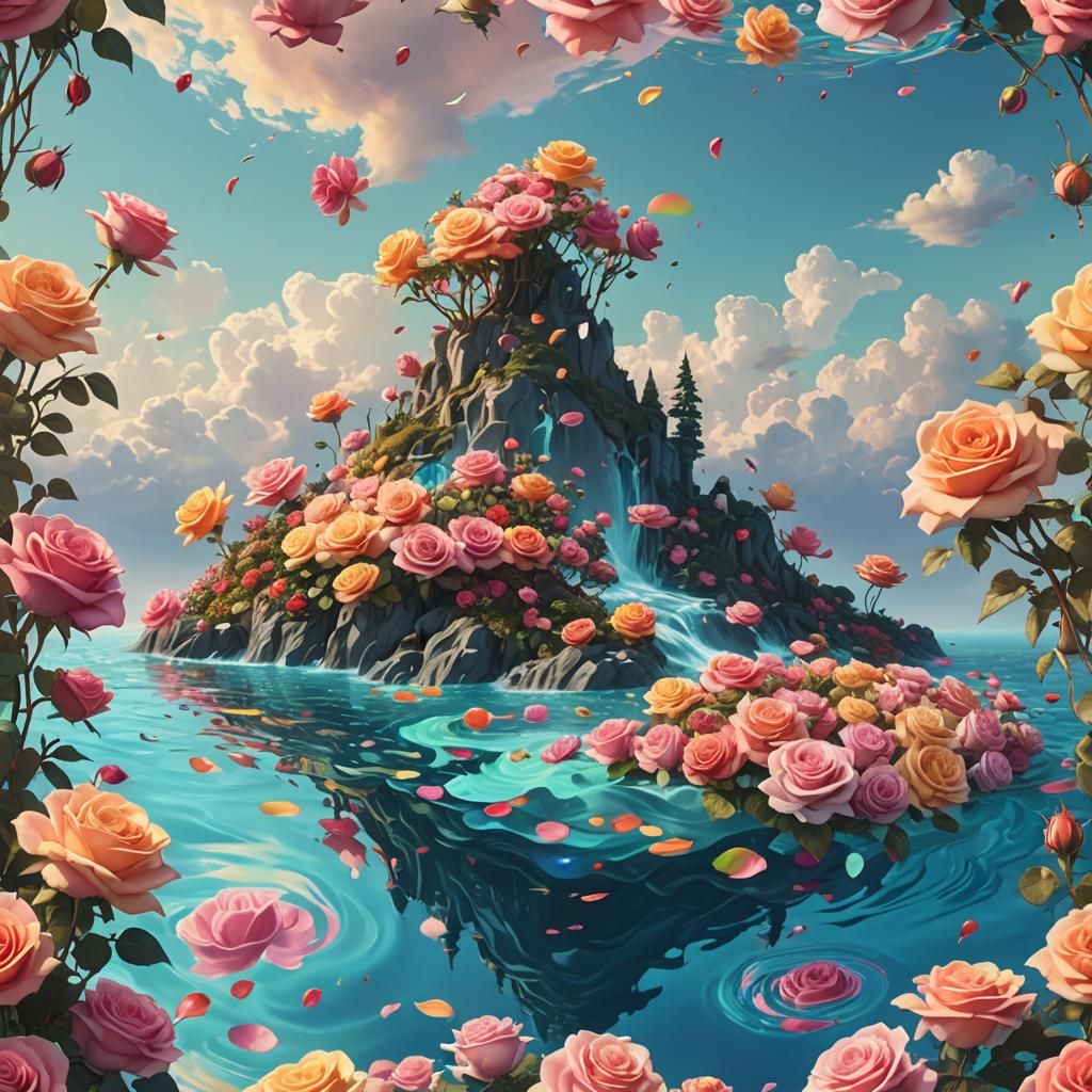 Rainbow Roses Surround Island in Surrealist Style