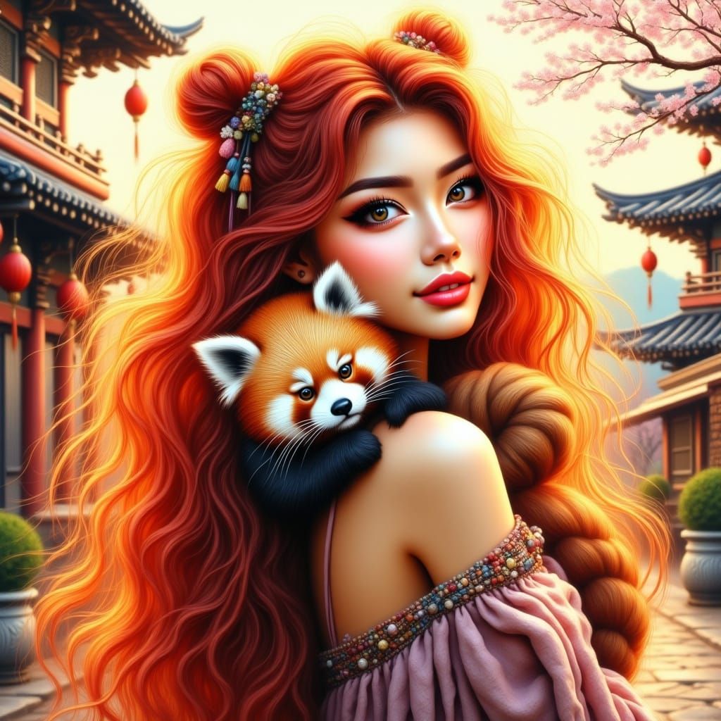 Asian Woman in Vibrant Street Scene with Red Panda