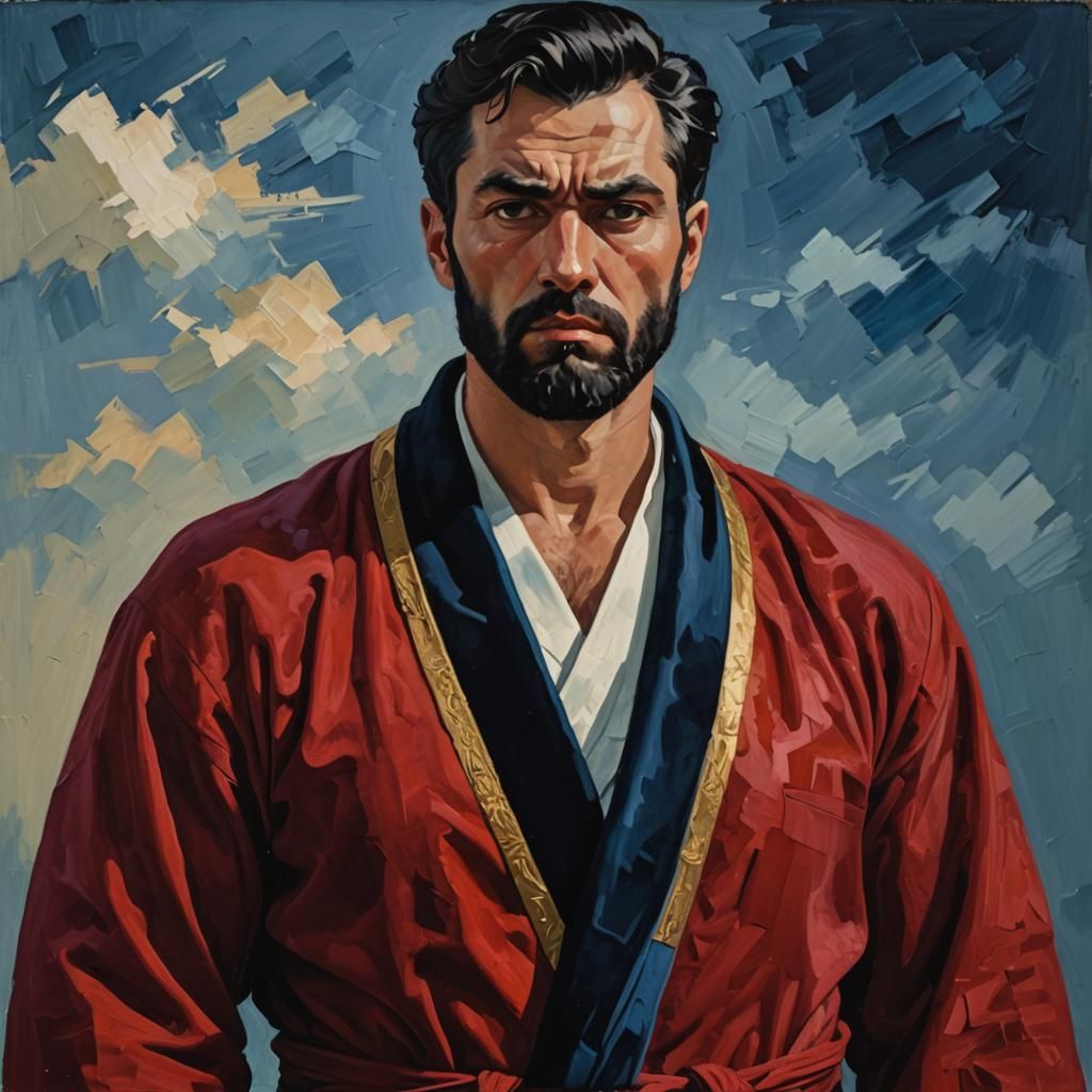 Angry Man in Red Robe: Impasto Expressionist Portrait
