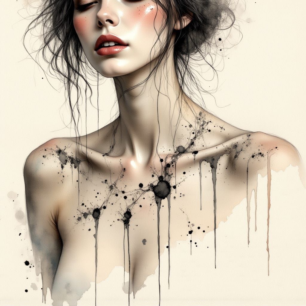 Abstract Sumi-e Ink Tattoo Art on Female Torso