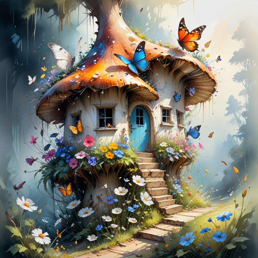 Fairytale Mushroom House with Butterflies in Watercolour Sty...