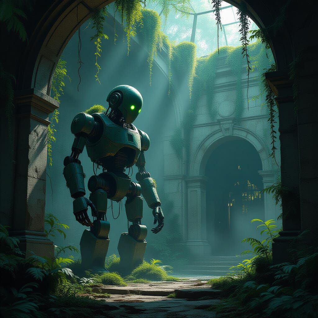 Ancient Automaton Guards Forgotten Library in Dark Surreal S...