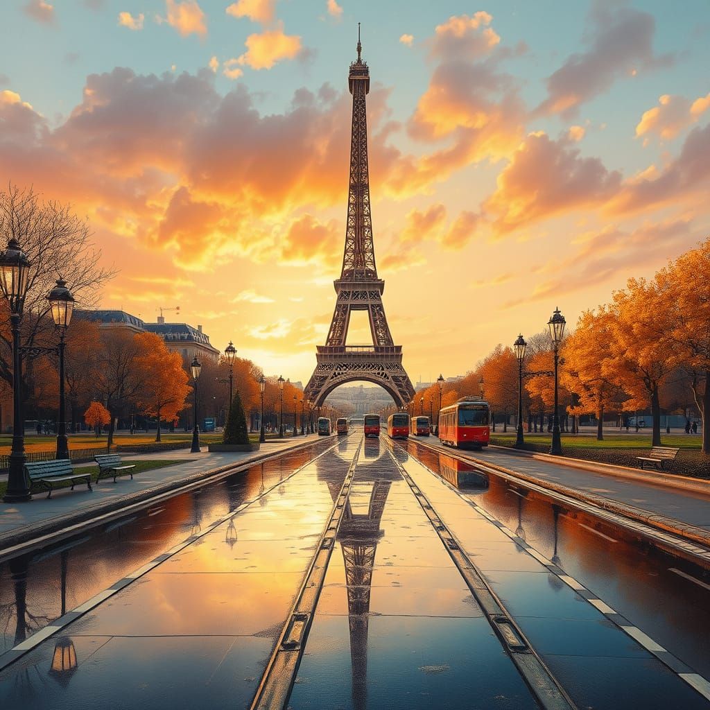 Ethereal Eiffel Tower Landscape in Golden Light