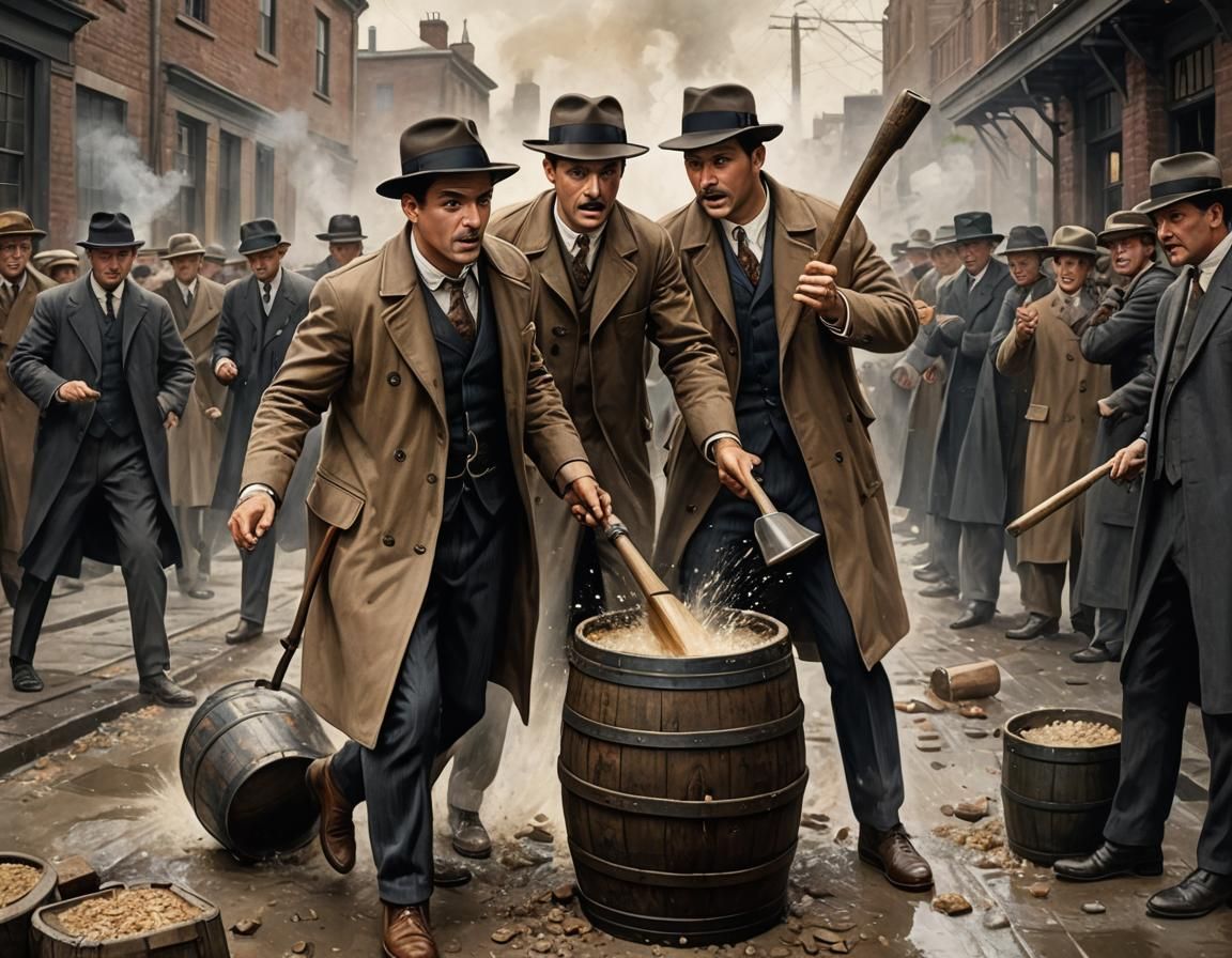 Prohibition Detective Smashing Alcohol Barrel, Cell-Shaded A...