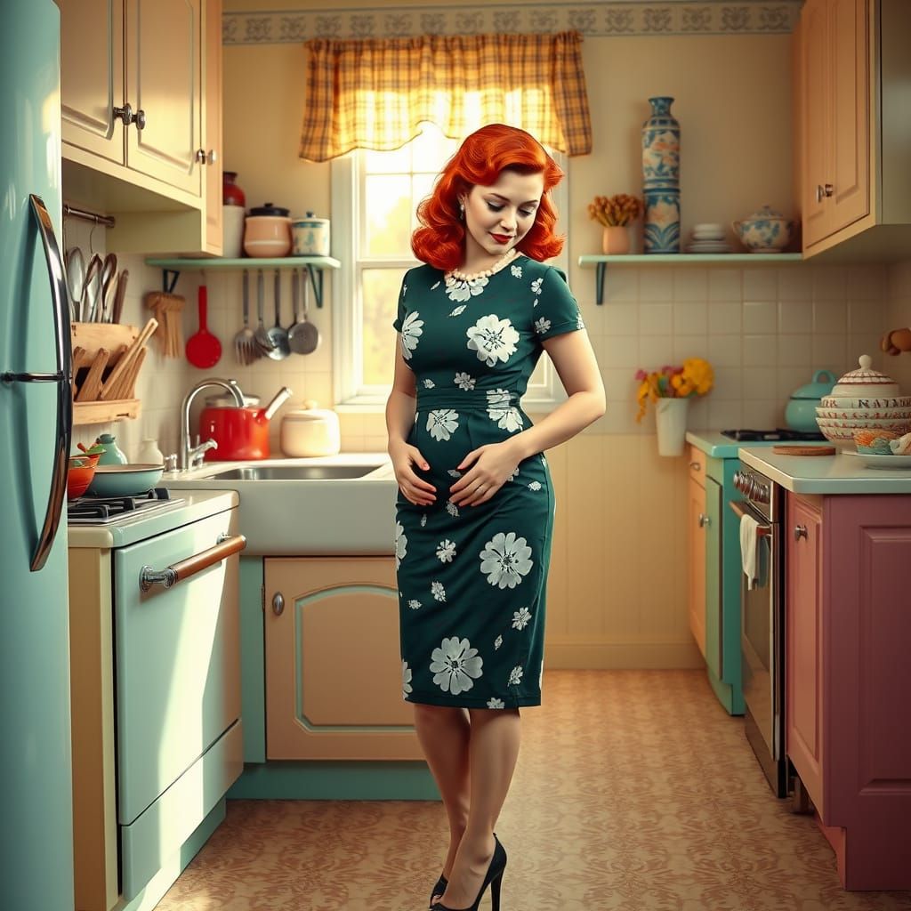 Classic American Housewife in Warm 1940s Kitchen