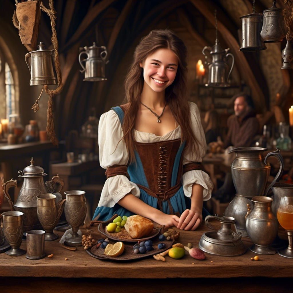 Serving Girl with Tankards in Hyperreal Detail