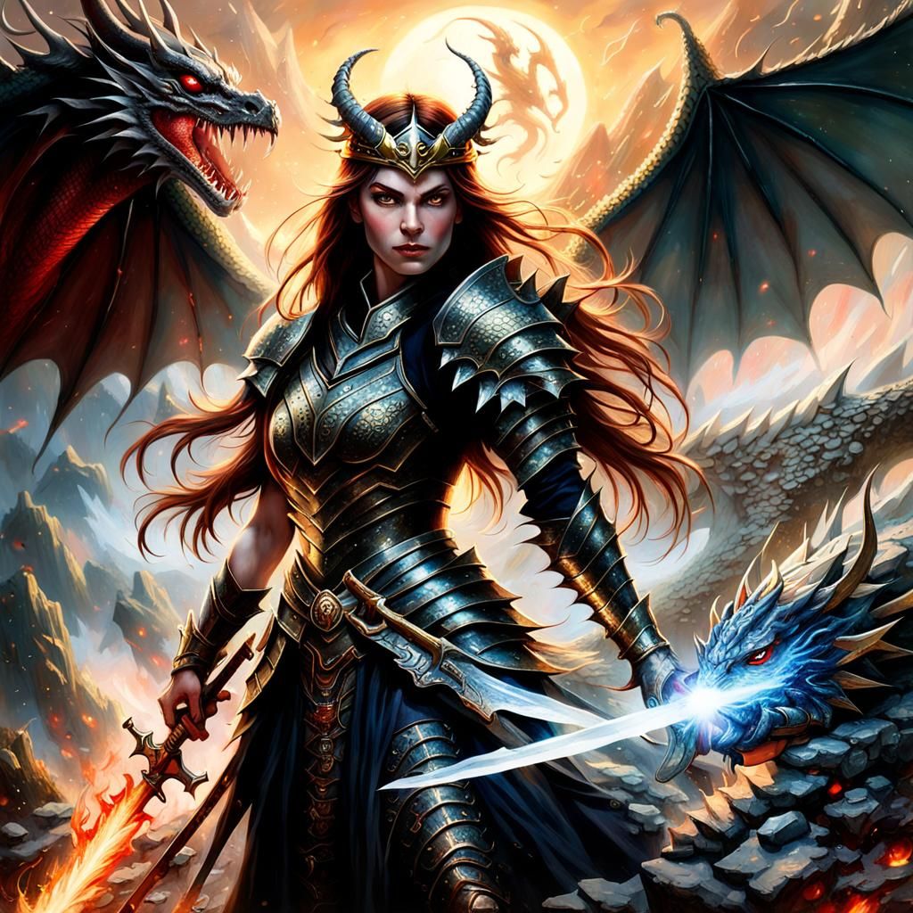 Dragon Woman with Fire Sword in Ethereal Fantasy Art