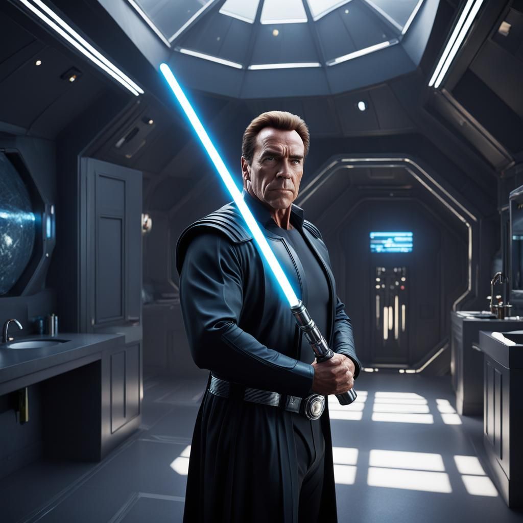 Hyperrealistic Schwarzenegger Lightsaber on Alien Planet