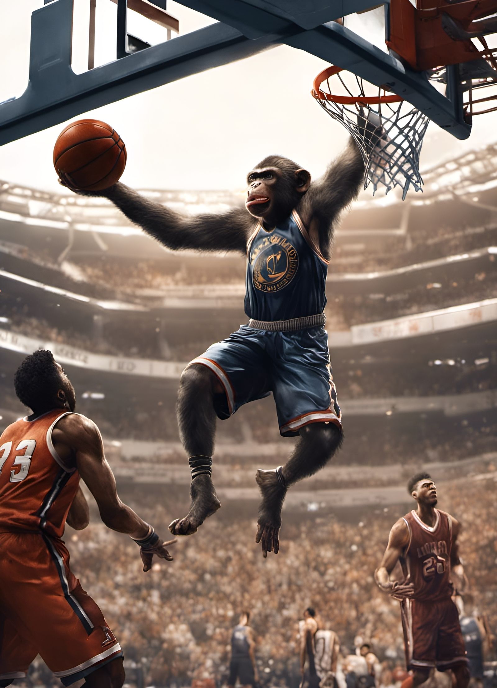 Monkey Dunking in Basketball Arena, Detailed Digital Art
