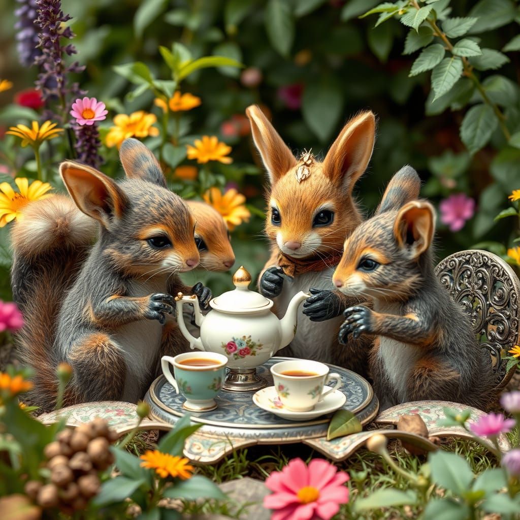 Fantasy Creatures Enjoy Whimsical Garden Tea Party in Cyberp...