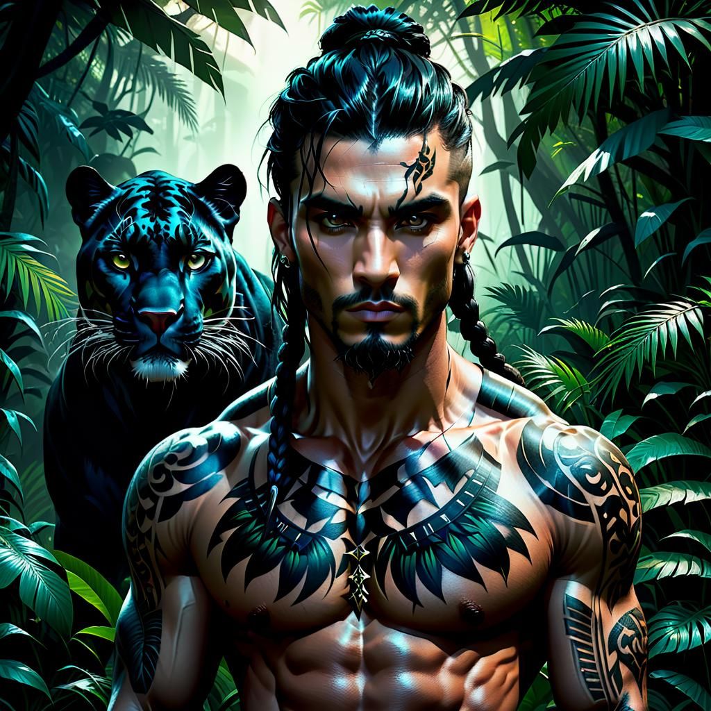 Handsome Man in the Jungle with his Spirit Animal: Black Pan...