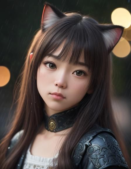 Close up of a cute little sad cat in the rain, highly detailed, elaborate, heroic fantasy, latour, philippe de champaign...