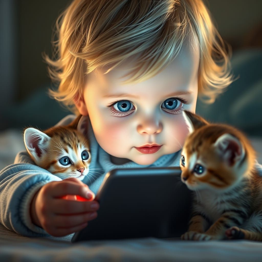 Charming Toddler and Kittens Interact with Tablet in a Cozy ...
