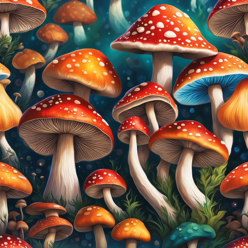 Hyperrealistic Magic Mushrooms in Splash Art Style