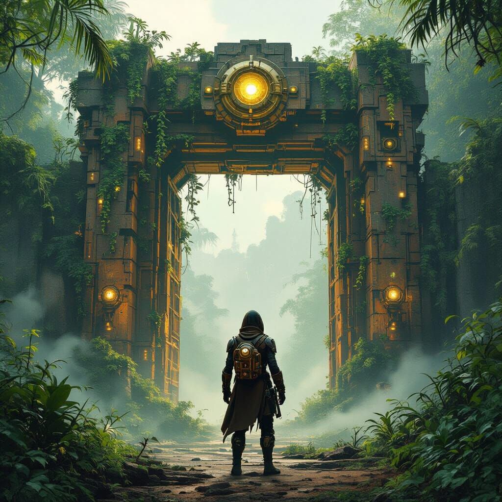 Cyborg Explorer and Bioluminescent Gate, Steampunk Matte Pai...