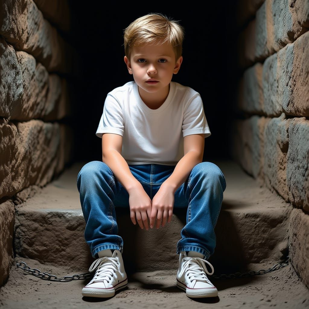 Boy Chained in Medieval Dungeon, Photorealistic Style