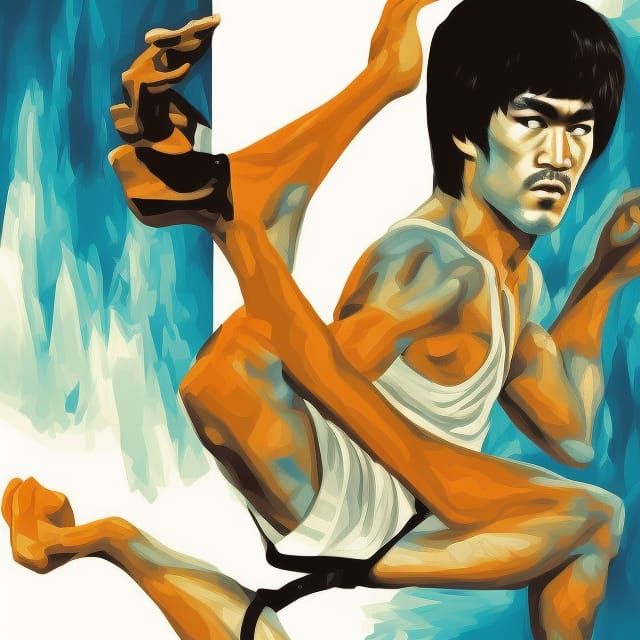 Bruce Lee Kick in Art Deco 16-bit Style