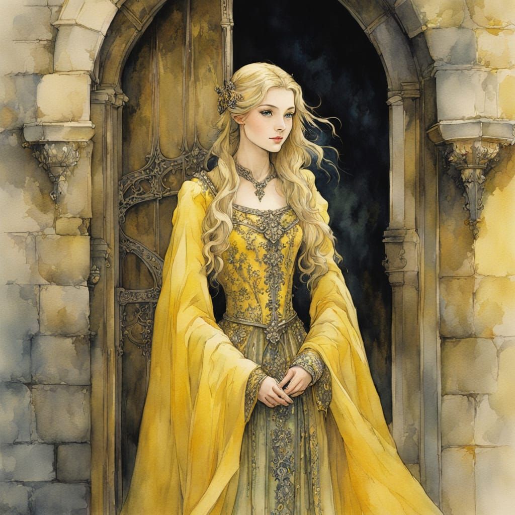 Medieval Woman in Yellow Gown at Castle Doorway