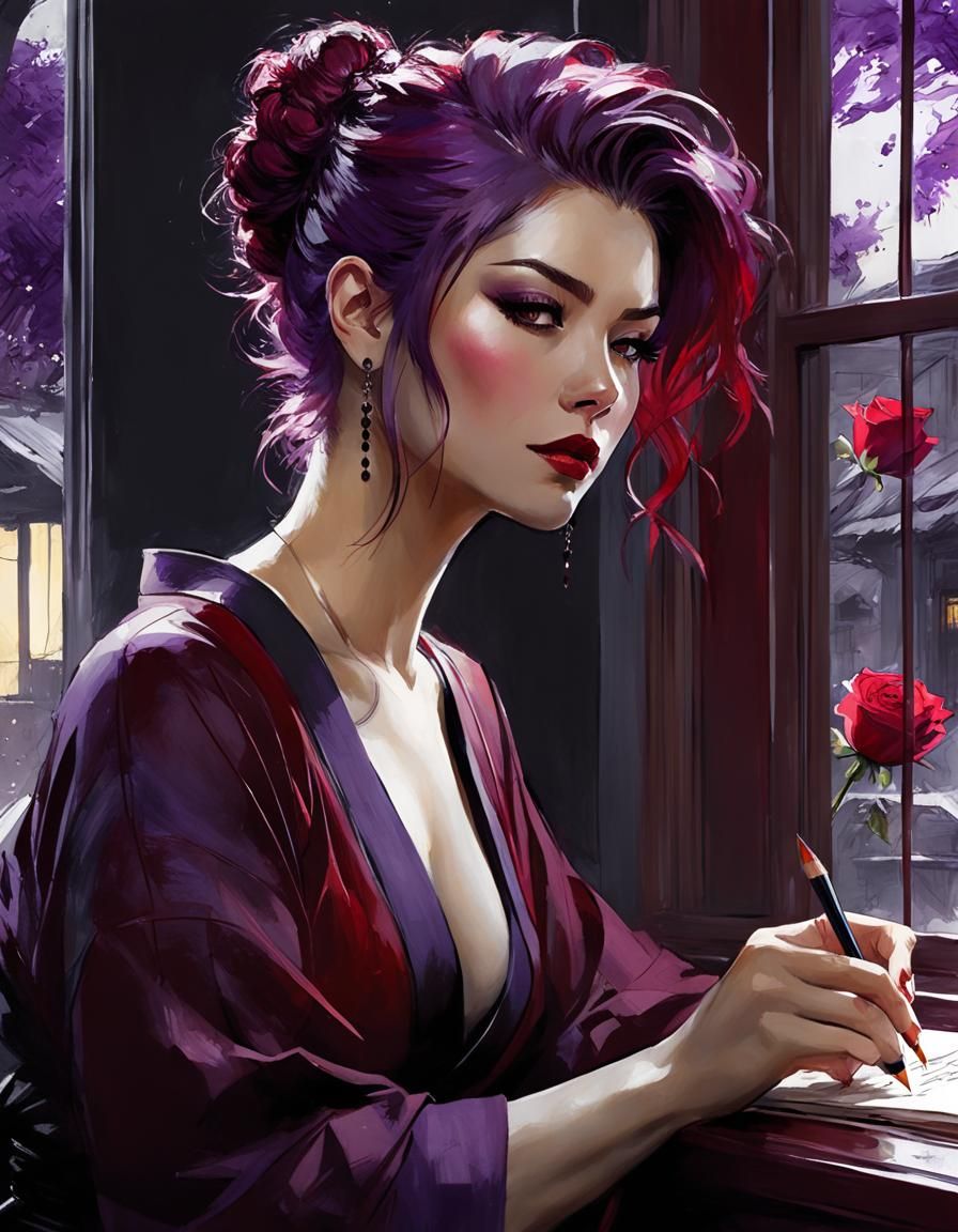 Beautiful Woman with Rose: Pencil and Watercolor Sketch