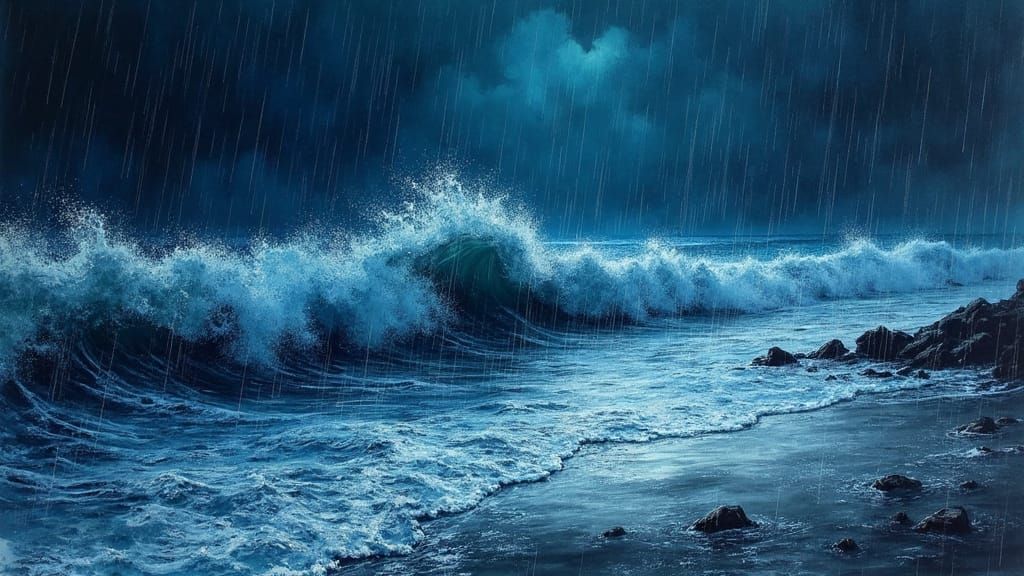 Turbulent Ocean Waves on a Rainy Night
