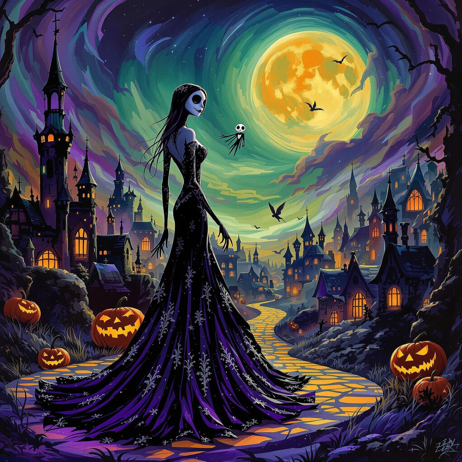 Sally in Elegant Black and Purple Gown under Moonlit Hallowe...
