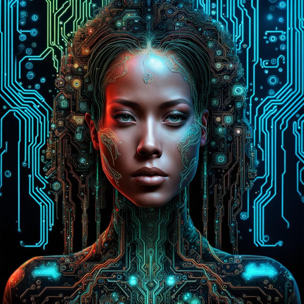 Neon Circuit Lady: Maximalist 16K Portrait