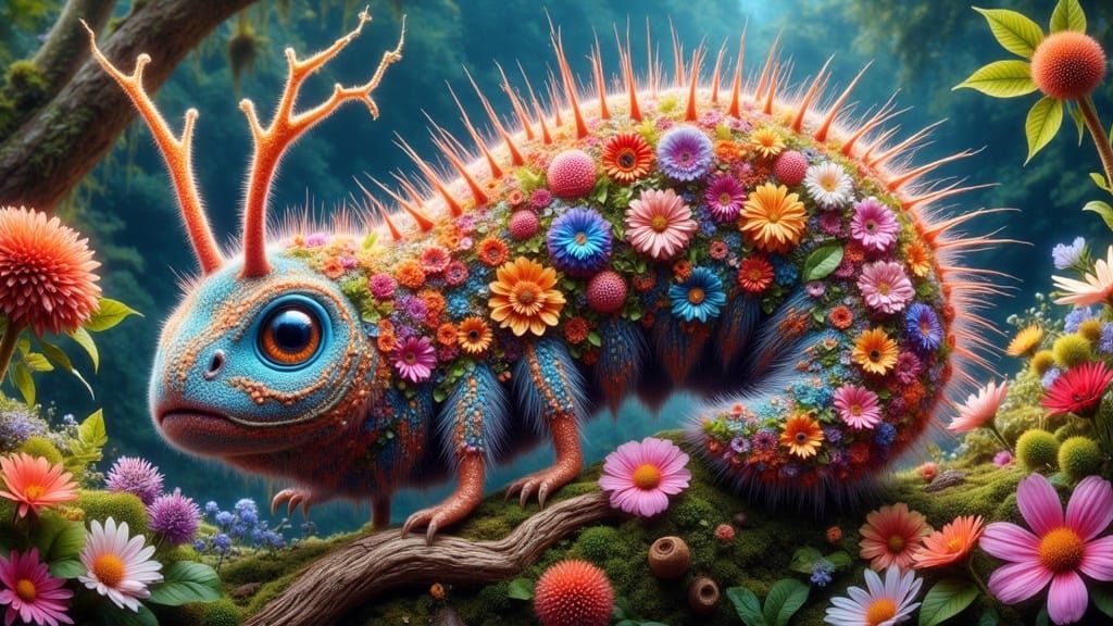 Surreal Whimsy: A Vibrant Caterpillar in Dreamlike Enchanted...