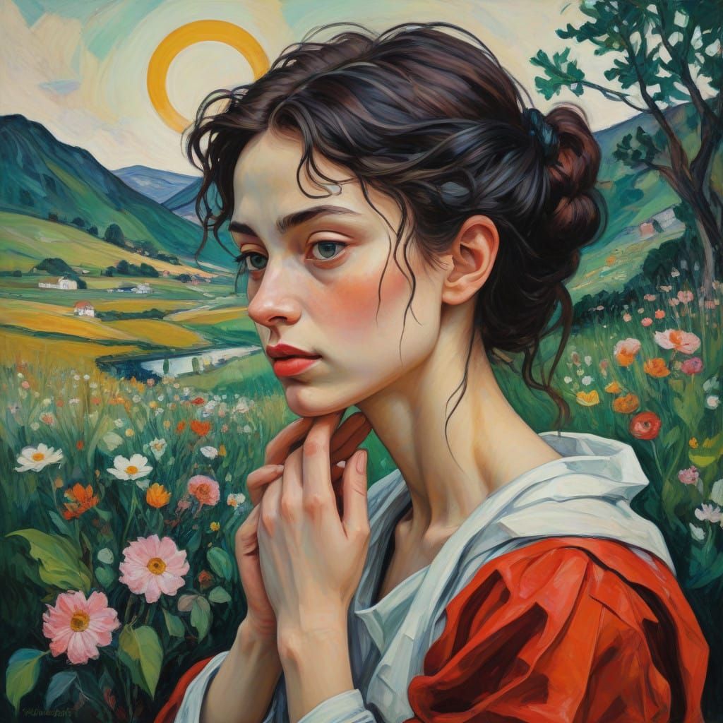 A Serene Woman in a Vibrant, Dreamlike Landscape