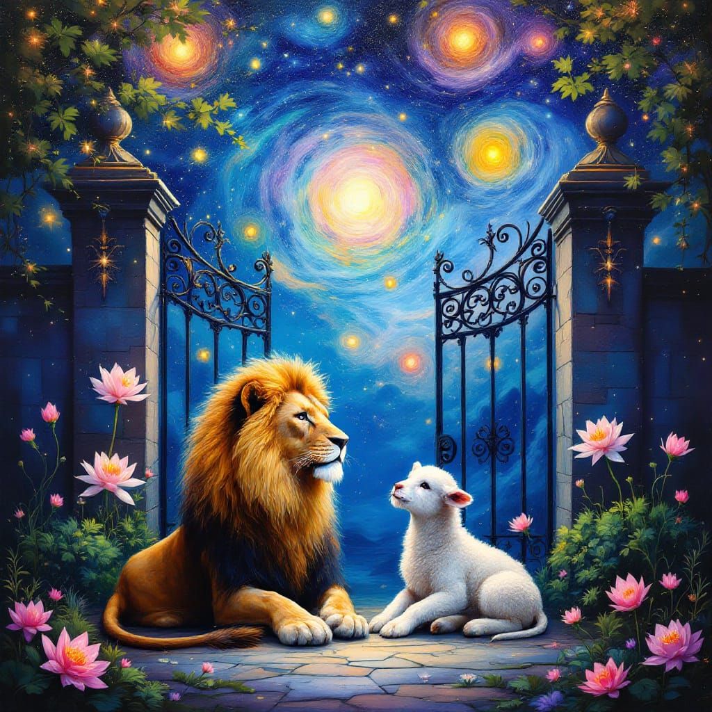 Lion and Lamb in Starry Garden, Surreal Acrylic Pour