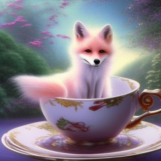 Albino Fox in Teacup: Ethereal Fantasy Art