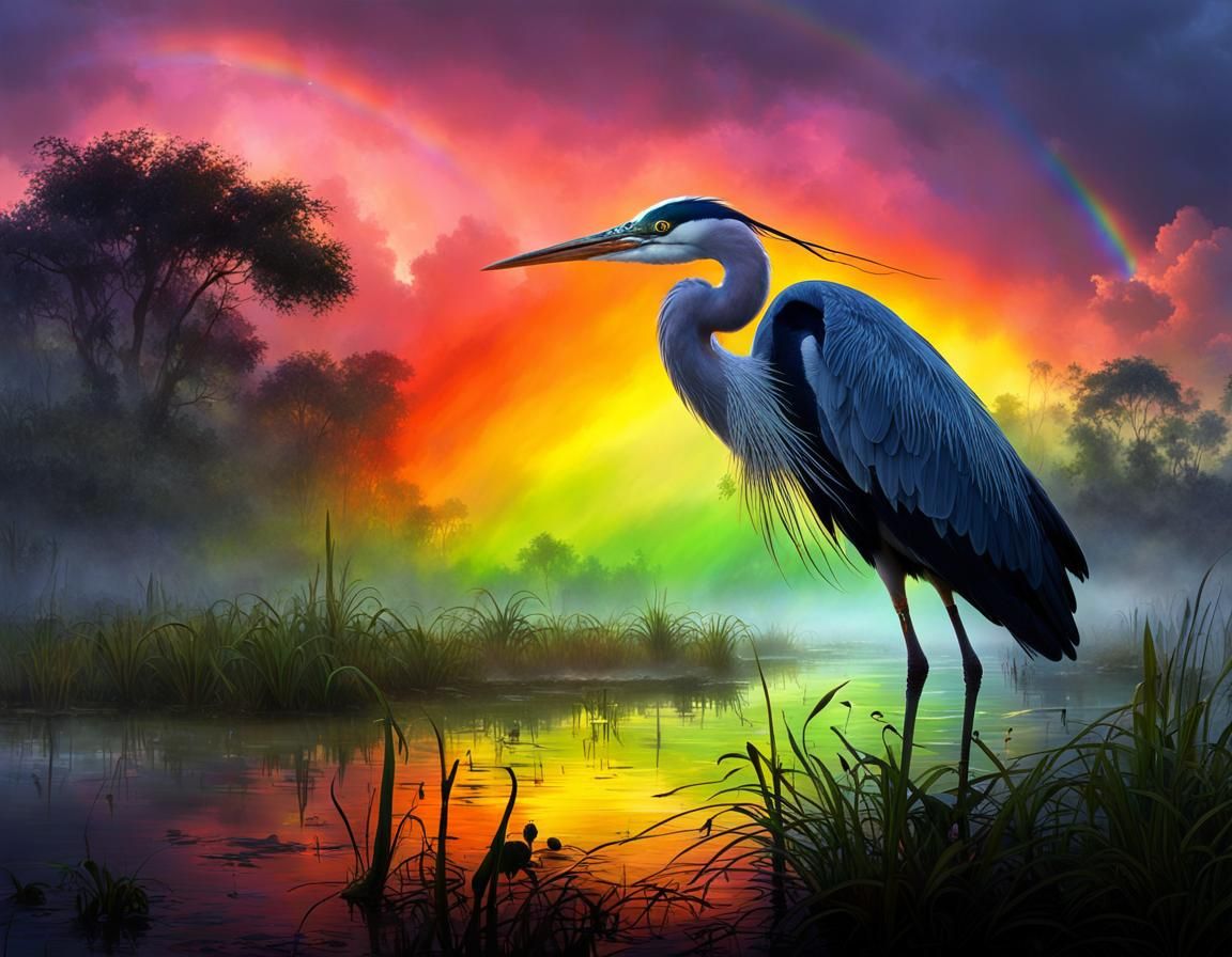 Heron Silhouette Over Florida Wetlands, Fantasy Art