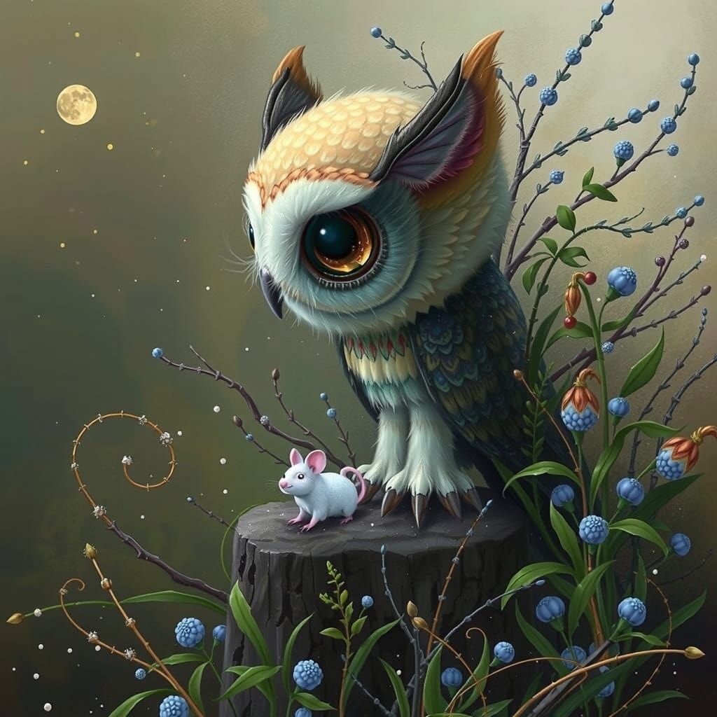 Pastel Owl and Mouse in Moonlit Forest