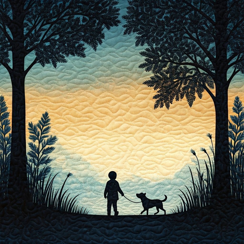 Quilted Illustration of Boy Walking Dog