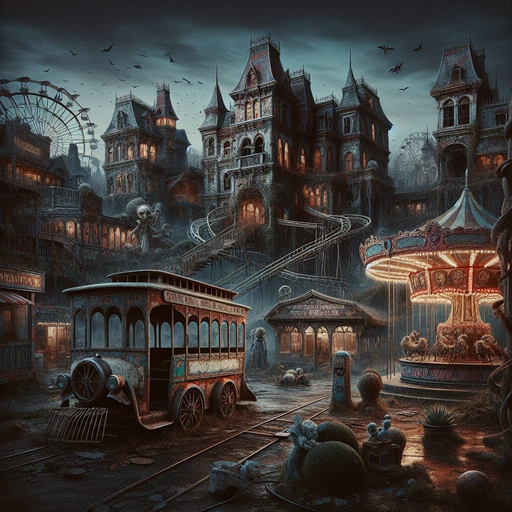 Abandoned trolley cars and creepy carnival lights illuminate...