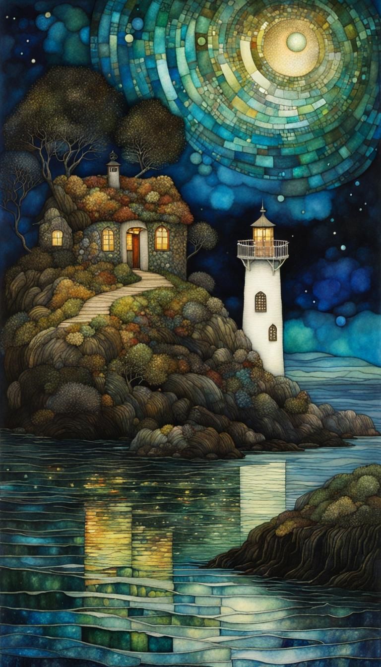 Lighthouse at Night in Iridescent Watercolor Style