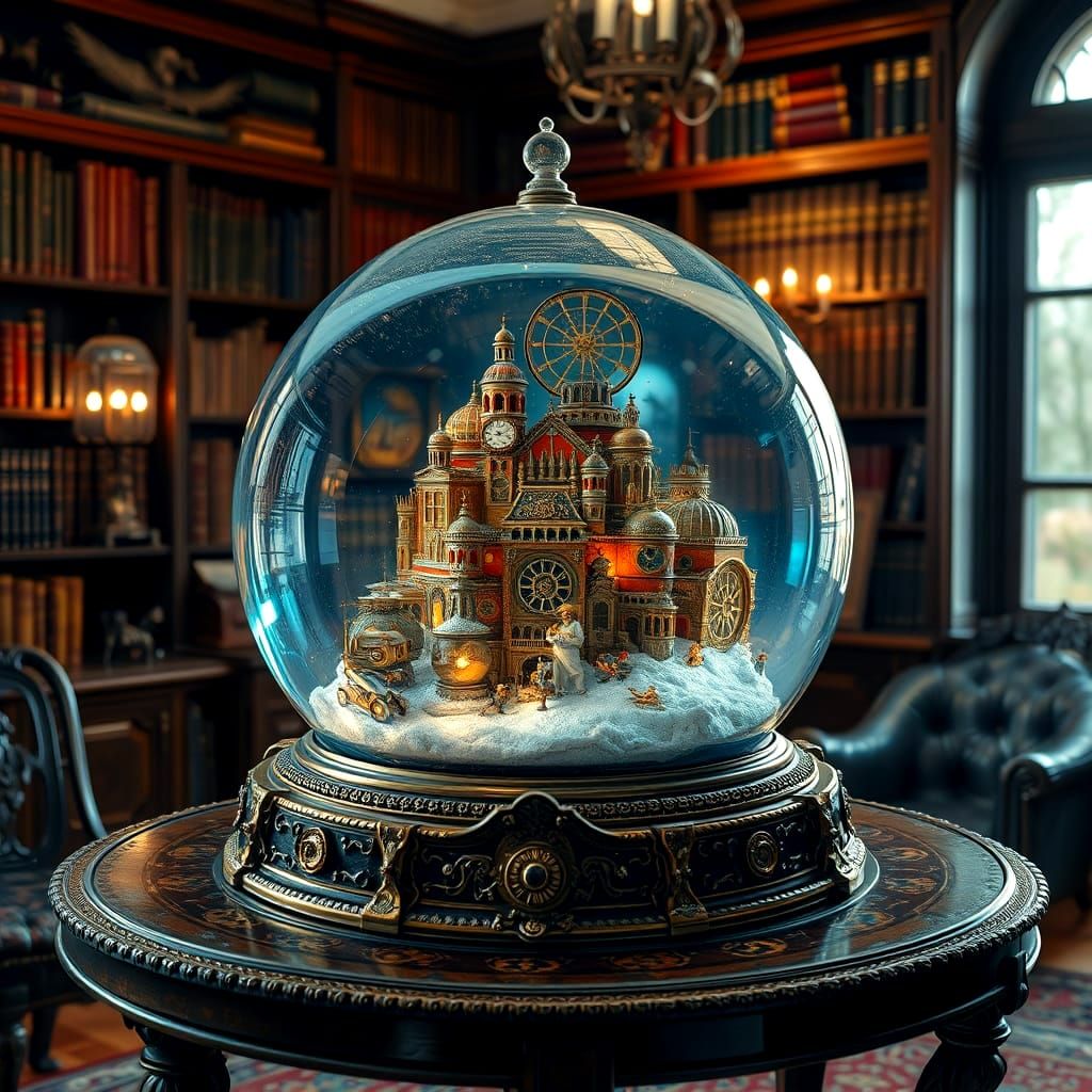 Steampunk Metropolis Encased in Snow Globe