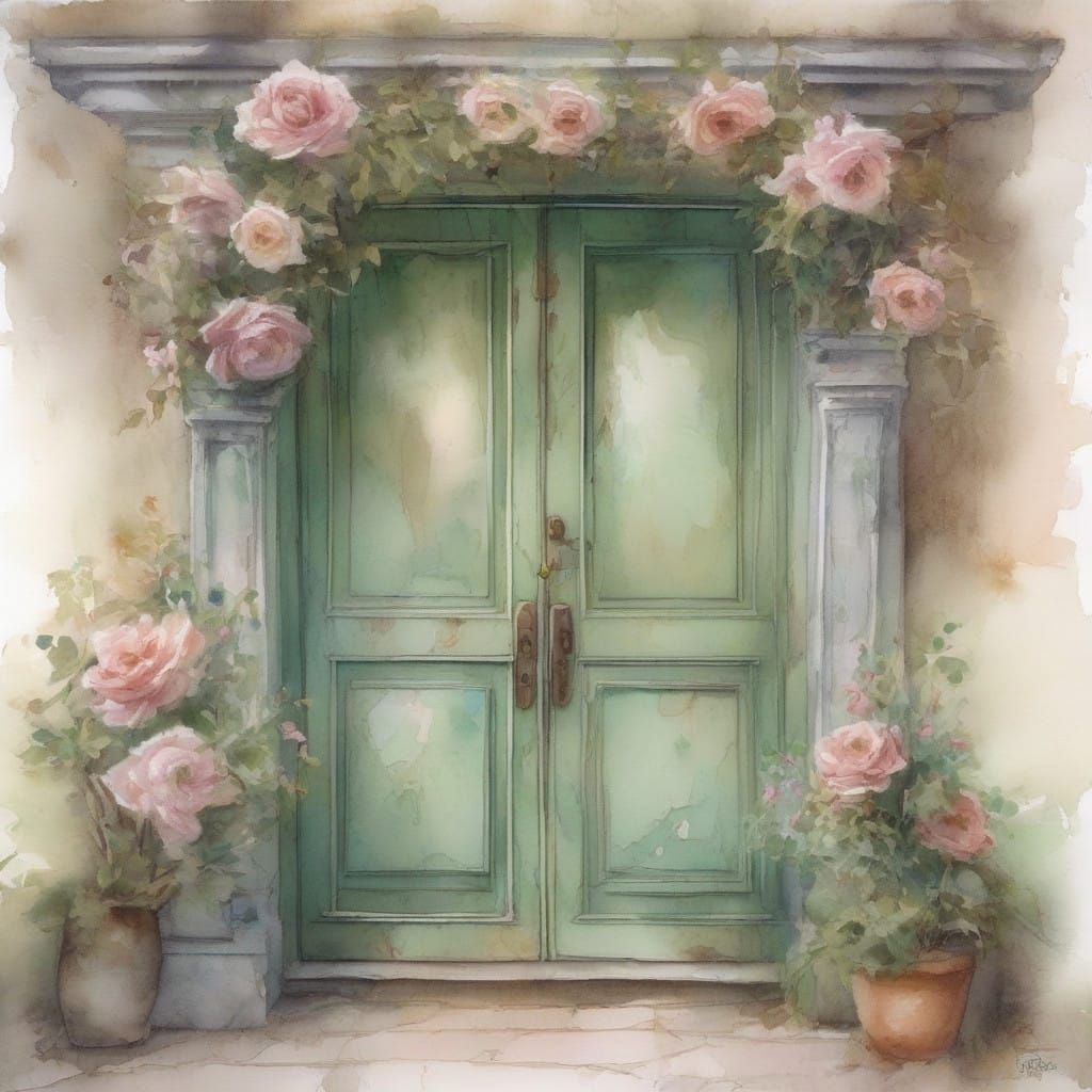 Weathered Wooden Door with Vibrant Floral Wreath in Soft Wat...