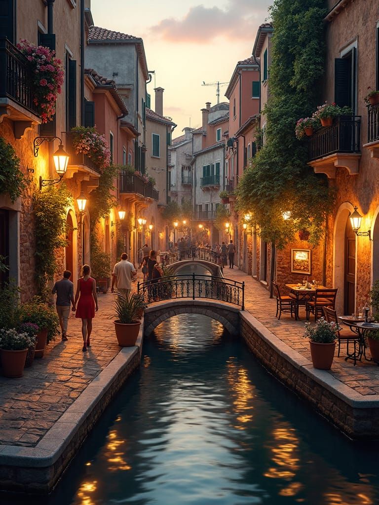 Romantic Italian Canal Street at Twilight