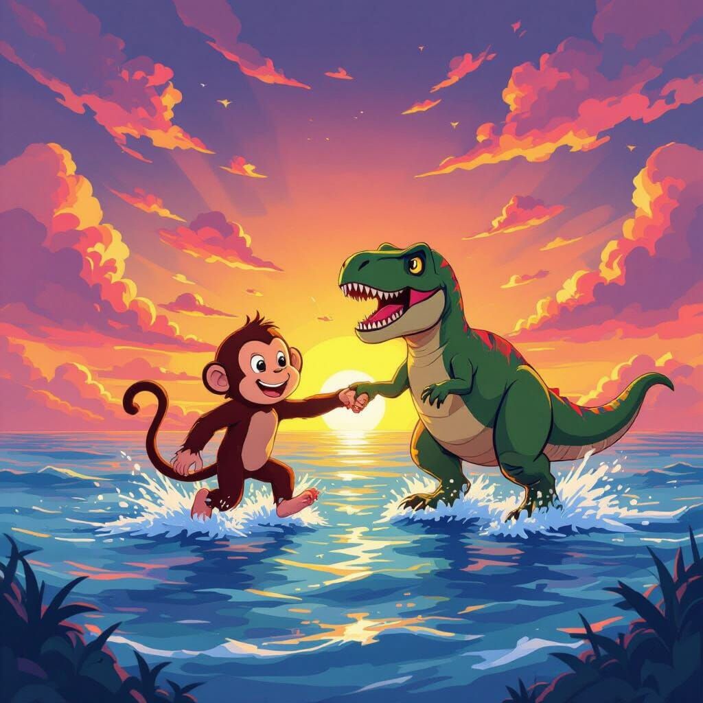 Monkey and T-Rex Running into Sunset Ocean