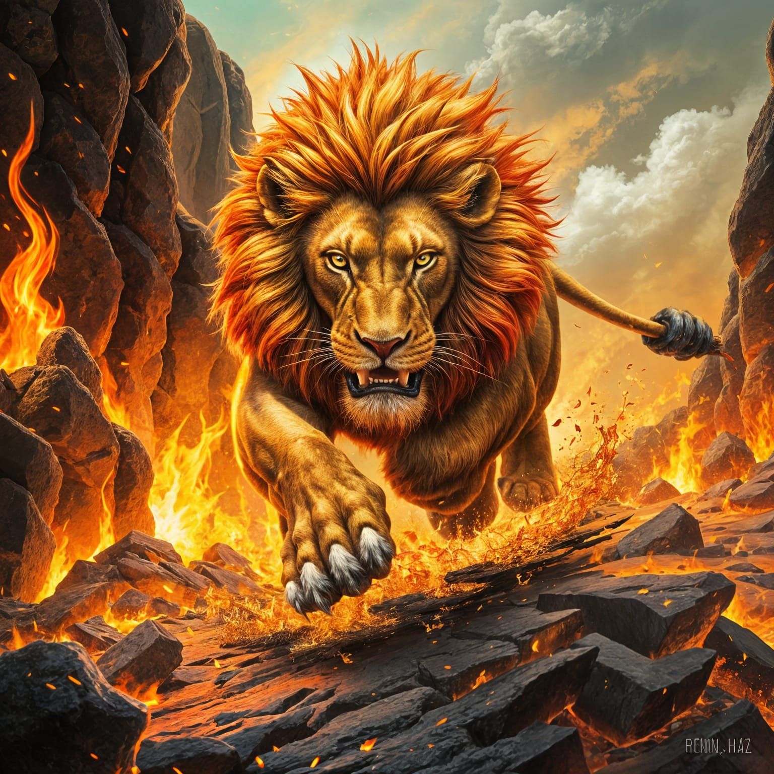 Fiery Lion Running Through Firestorm