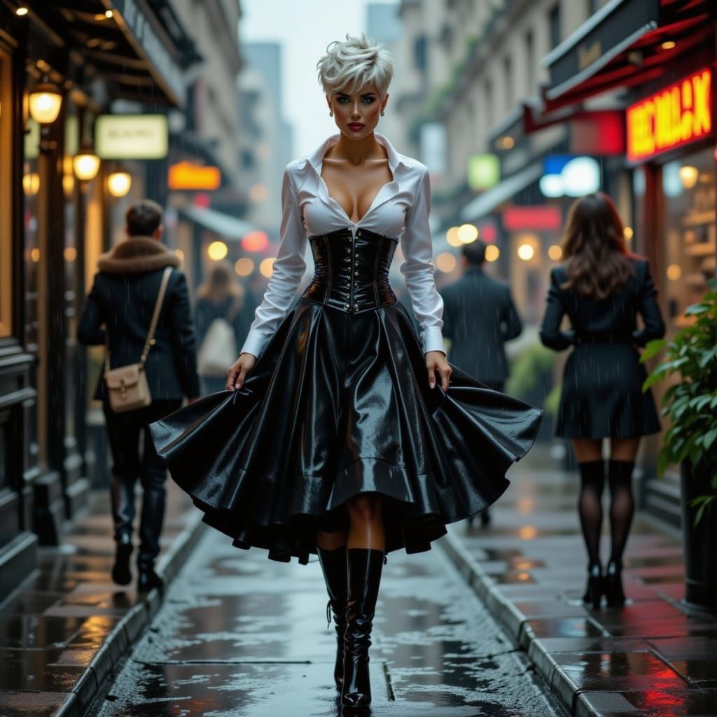 Woman in Wet Corset Struts Through Rainy Evening